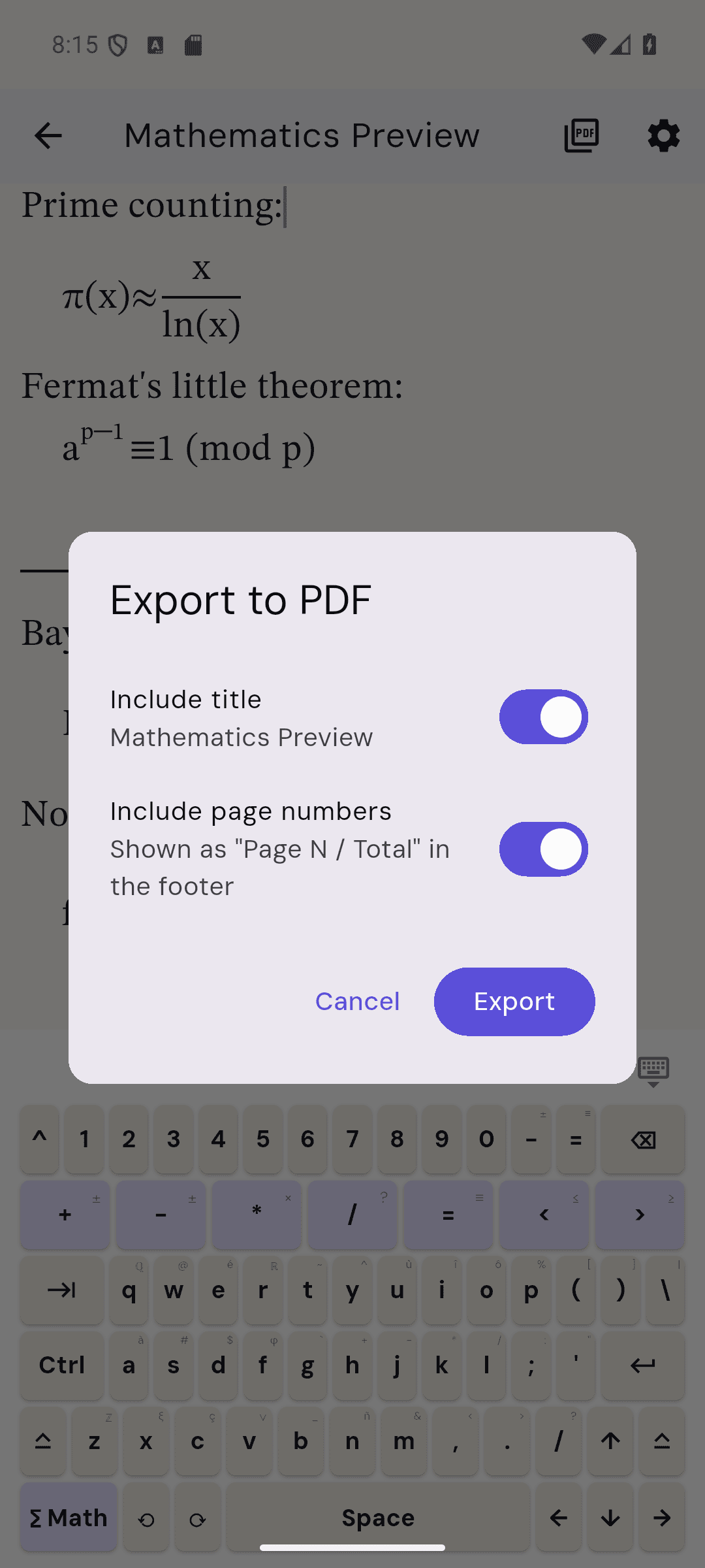 MathVellum vector PDF export settings over a page of mathematical notation