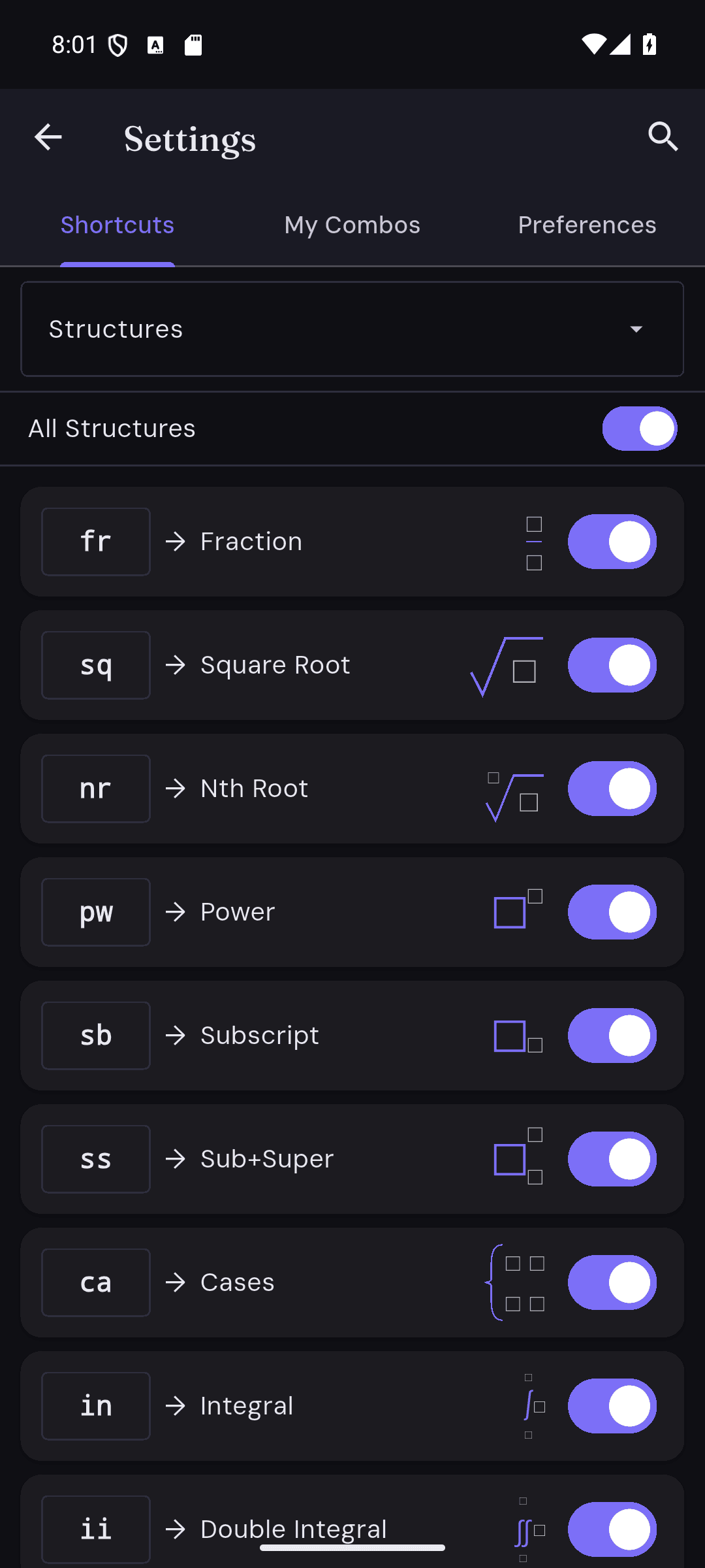 MathVellum default mathematical shortcuts for fractions, roots, powers and integrals