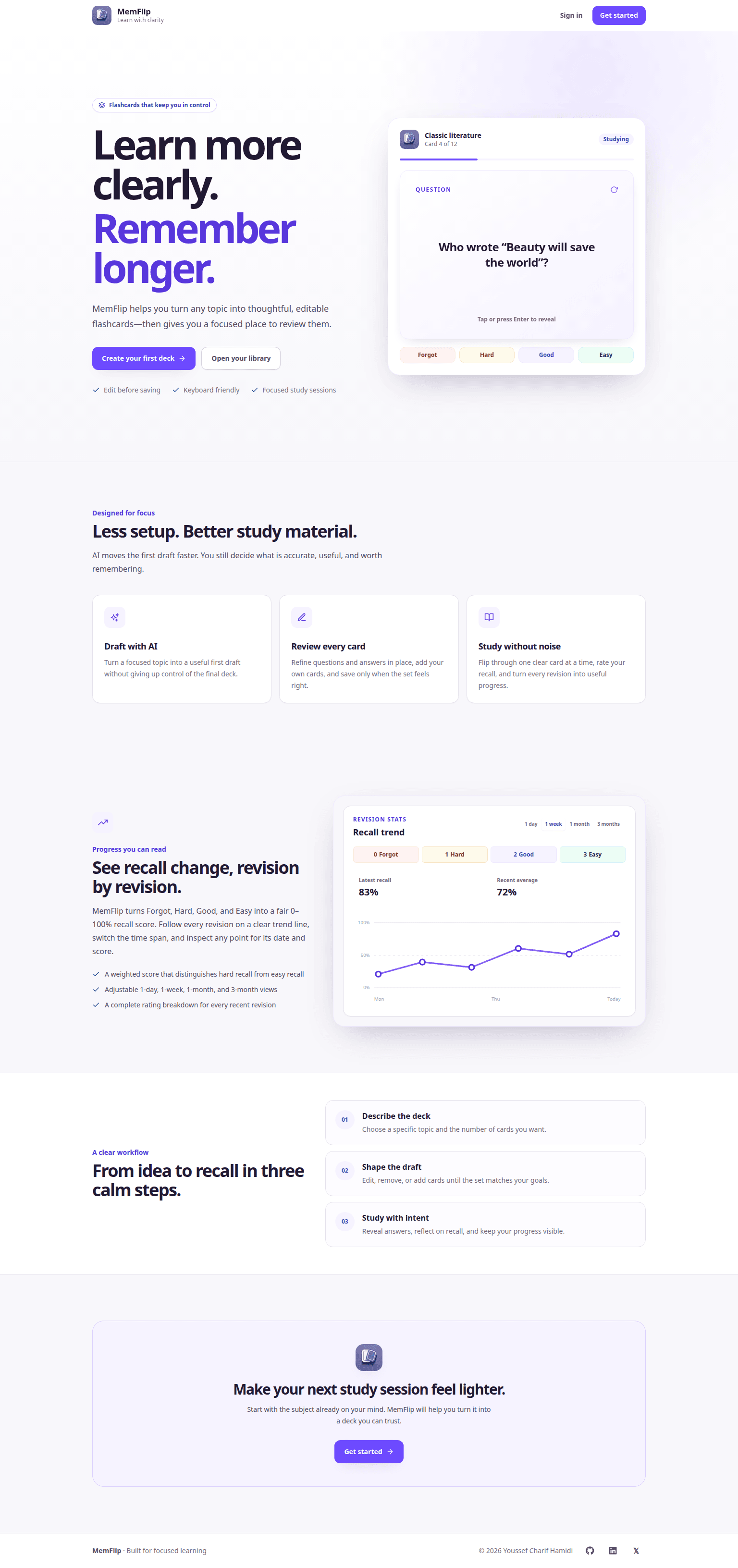 MemFlip landing page presenting its AI-assisted flashcard workflow and recall tracking
