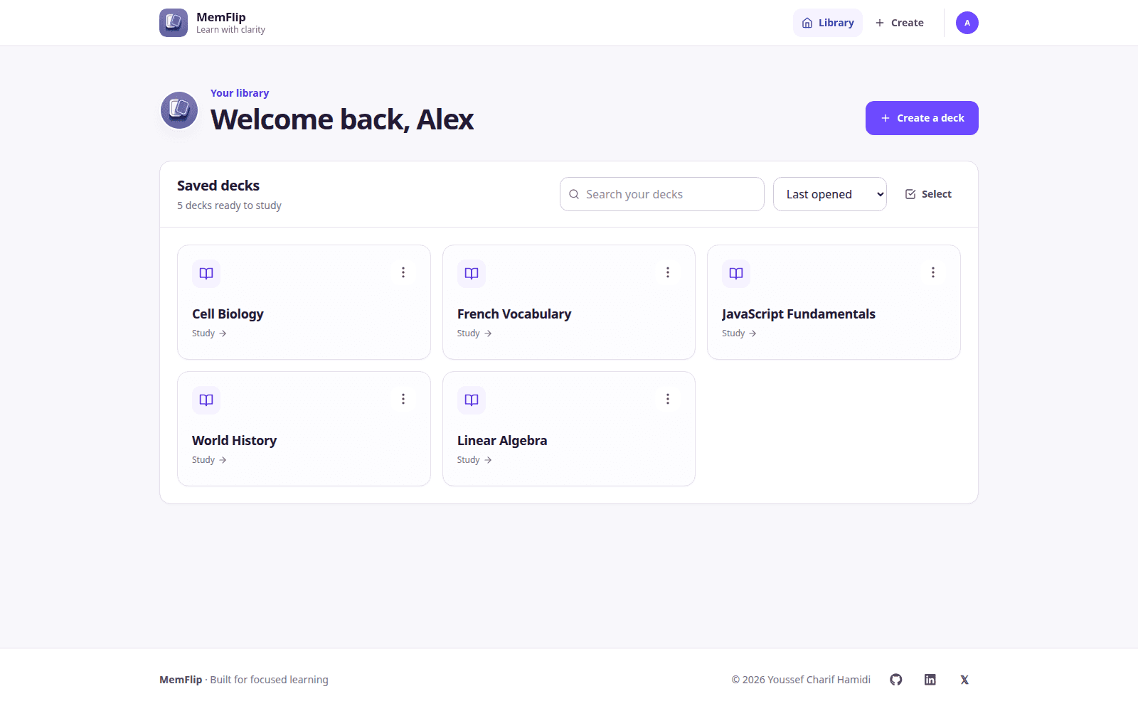 MemFlip library showing searchable saved decks for several subjects