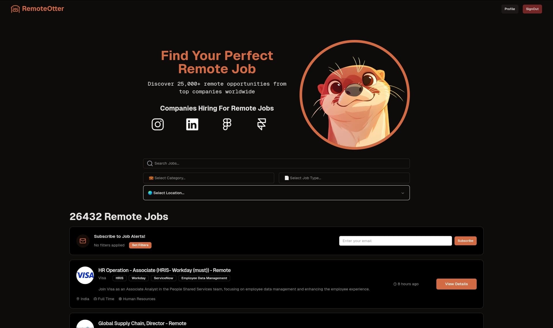 RemoteOtter job discovery page showing search filters, job alerts and remote listings