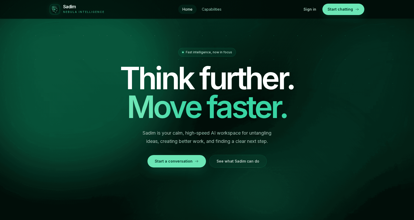 Sadim AI landing page with the Think further, Move faster product message