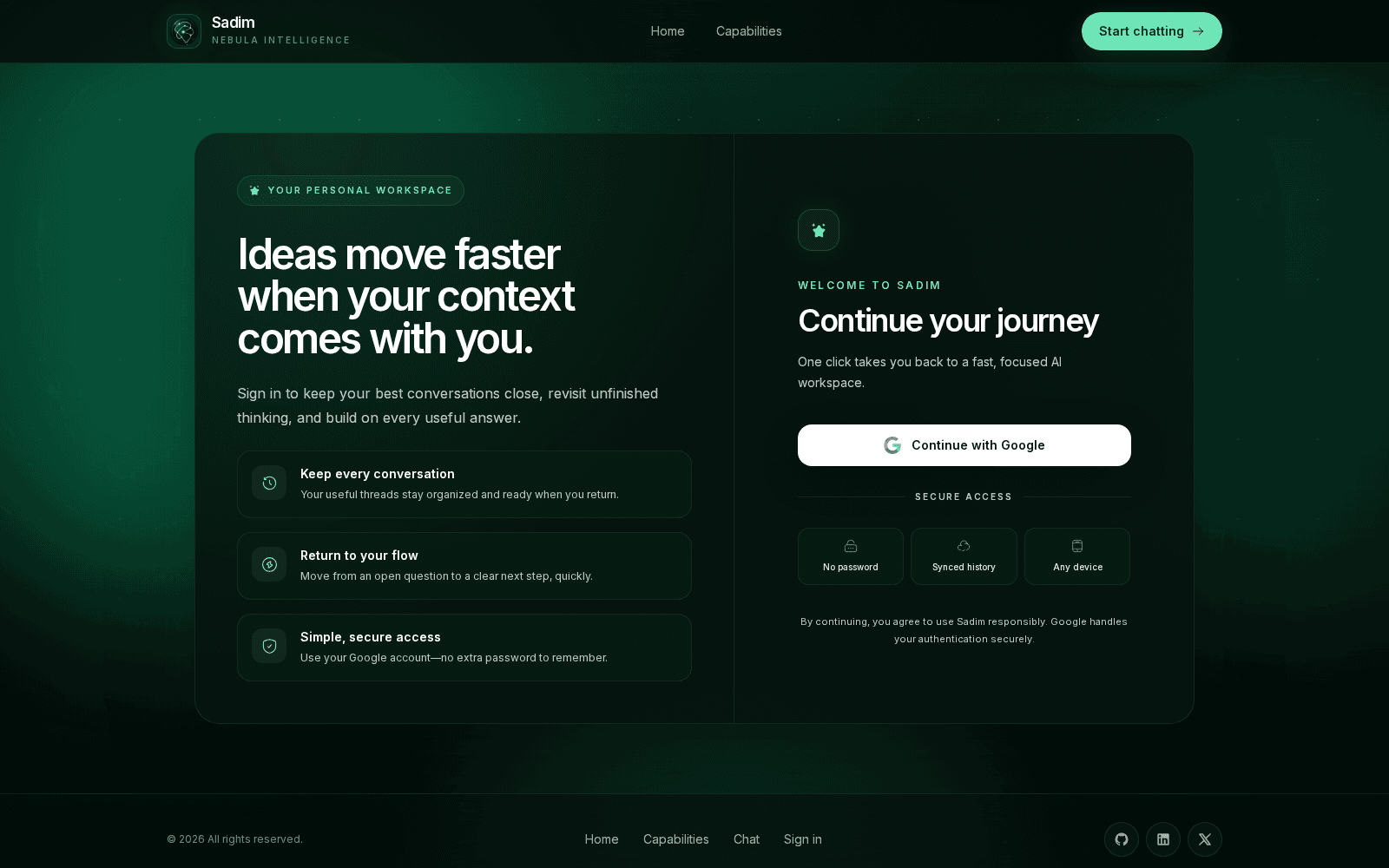 Sadim AI secure sign-in screen explaining conversation history and cross-device access